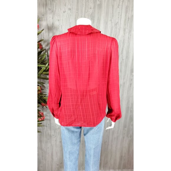 Vintage Red Blouse Button Down Ruffle Collar Holiday Photos Polyester Semi-Sheer - Picture 5 of 6